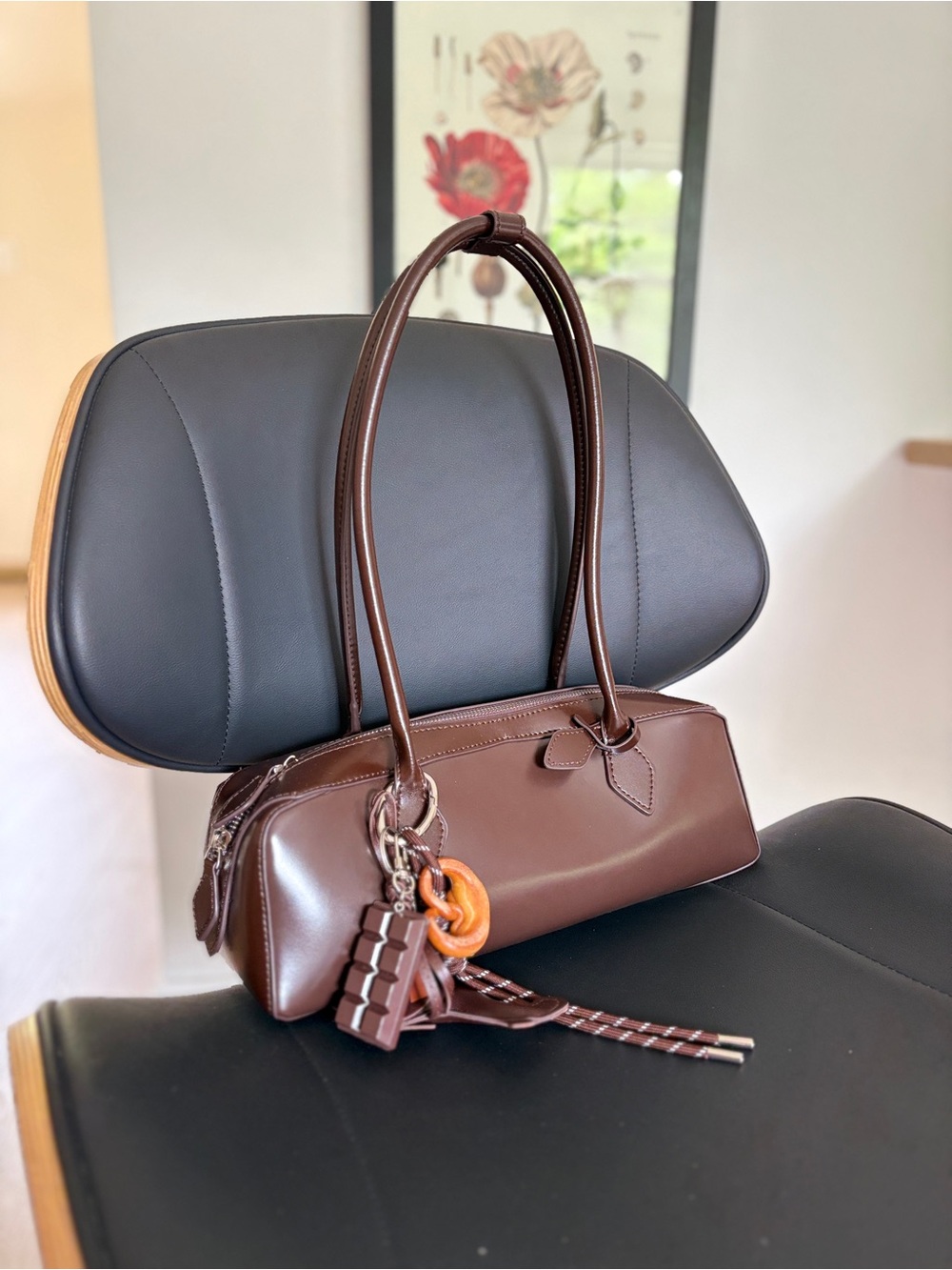 Brown Leather Shoulder Bag with Charm Accent